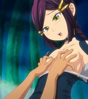 1girl blue_background bracelet braid breasts clothing_aside cowgirl_position embarrassed flat_chest girl_on_top gojou_(secret_journey) grabbing_another's_breast groping hair_ornament hairclip jewelry lips long_hair nipples one-piece_swimsuit open_mouth purple_hair screencap secret_journey sex shiny_skin small_breasts straddling swimsuit swimsuit_aside third-party_edit twin_braids yellow_eyes