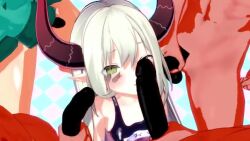 1girl 3d 4boys 9hj6u animated blush slapping_with_penis demon_girl demon_horns elbow_gloves emma_august fang gloves green_eyes grid_background horns koikatsu_(medium) long_hair looping_animation multiple_boys name_tag nijisanji one-piece_swimsuit paw_pose penis penis_on_face school_swimsuit sidelocks solo_focus sweat swimsuit tearing_up testicles video virtual_youtuber white_gloves white_hair