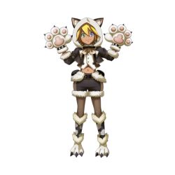 Rule 34 | 1girl, animal costume, aura bella fiora, blonde hair, blue eyes, cat costume, dark elf, elf, gloves, green eyes, heterochromia, midriff, official art, overlord (maruyama), paw gloves, paw shoes, pointy ears, shorts, solo, tagme, transparent background