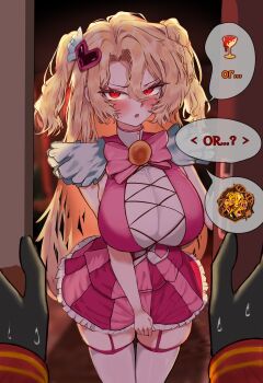 1girl 1other absurdres blonde_hair blush bow bowtie breasts cosplay dante_(limbus_company) don_quixote_(project_moon) dress hair_ornament heart heart_hair_ornament highres huge_breasts limbus_company long_hair parted_lips pink_bow pink_bowtie pink_dress pov pov_hands project_moon queen_of_hatred queen_of_hatred_(cosplay) red_eyes sancho_(project_moon) stainlesspanty sweatdrop thighhighs two_side_up v-shaped_eyebrows white_thighhighs