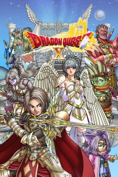 2girls 5boys androgynous angel angel_wings animal_ears armor artist_request back_fin blonde_hair blue_dress blue_robe body_markings box_art braid brown_eyes brown_hair cape circlet colored_skin copyright_logo copyright_name crossed_arms crown_braid cub_(dq10) dragon_quest dragon_quest_x dress earrings euriza_(dq10) facial_hair feathered_wings fins fish_girl flower foster_(dq10) gold_circlet green_skin hair_flower hair_ornament hakuou_(dq10) head_fins hero_(dq10) highres holding holding_sword holding_weapon jewelry lada_ghat linache_(dq10) logo looking_to_the_side mature_male monster_girl multiple_boys multiple_girls muscular muscular_male official_alternate_costume official_art pauldrons pink_flower pointy_ears ponytail profile purple_hair purple_skin purple_thighhighs red_cape red_skin robe scar scar_on_chest scar_on_face scar_on_forehead short_hair shoulder_armor shoulder_spikes side_braid skindentation spiked_hair spikes sword teardrop_earrings thighhighs third-party_source weapon white_facial_hair white_hair wings