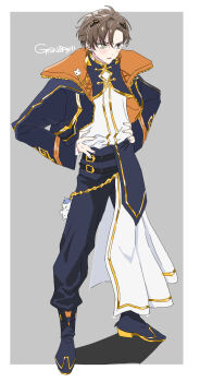 1boy alban_knox anime_coloring belt black_belt black_boots black_eyes blue_jacket blue_pants blue_vest blush boots border brown_hair cropped_vest english_text green_eyes grey_background half-skirt hands_on_own_hips headset heterochromia highres jacket long_skirt long_sleeves looking_ahead male_focus multiple_belts nijisanji nijisanji_en nijisanji_idol_uniform npppiyo official_alternate_costume open_clothes open_jacket open_mouth outside_border pants pants_under_skirt parted_bangs popped_collar rope shirt short_hair side_part skirt solo standing sweat vest virtual_youtuber white_border white_shirt white_skirt zipper