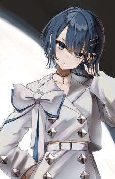 1girl absurdres belt black_background blue_bow blue_eyes blue_hair blush bow buttons closed_mouth collarbone cowboy_shot cropped_jacket dot_nose double-breasted earrings hair_between_eyes hair_ornament hairclip hand_in_own_hair hand_on_own_hip hand_up hashtag-only_commentary highres hoop_earrings jacket jewelry kiritani_haruka lapels long_sleeves looking_at_viewer midriff_peek neu_33 official_alternate_costume official_alternate_hairstyle project_sekai short_hair sidelocks simple_background skirt solo sparkle two-tone_background white_background white_belt white_bow white_jacket white_skirt zozotown