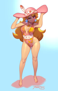 1girl ;) blonde_hair blue_eyes earrings groin hat_feather highres jewelry large_hat mario_(series) mature_female nintendo one-piece_swimsuit one_eye_closed princess_peach robaato simple_background smile solo super_mario_bros._1 swimsuit tagme tan tanline thighs