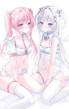 2girls angel_wings bare_shoulders black_ribbon blue_choker blue_eyes blush bra breasts bustier choker cleavage closed_mouth collared_shirt commentary cross cross_necklace frilled_bra frilled_panties frills garter_straps hair_ornament hair_ribbon highres hiiragi_(hr_ccr) jewelry long_hair looking_at_viewer medium_breasts midriff mini_wings multiple_girls navel necklace on_bed original panties parted_lips pink_garter_straps pink_hair pink_panties pink_ribbon puffy_sleeves red_eyes ribbon shirt simple_background sitting thigh_strap thighhighs twintails two_side_up underwear untranslatable_commentary wariza white_background white_bra white_bustier white_hair white_thighhighs wings x_hair_ornament
