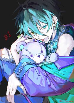 1boy beads black_background chain chain_bracelet commentary earrings ensemble_stars! fang feature_scout_2_(ensemble_stars!) fingernails hair_between_eyes heterochromia highres hoop_earrings hugging_object jewelry kagehira_mika layered_clothes long_sleeves male_focus nail_polish official_alternate_costume open_mouth orange_eyes pants purple_nails ring safety_pin short_hair solo stuffed_animal stuffed_toy teddy_bear teeth torn_clothes torn_pants twitter_username utahyaya