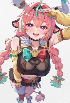 1girl animal_ears aqua_bow aqua_hair aqua_streaks arm_up bandaid_on_thigh bare_shoulders black_skirt blush bow bowtie braid breasts commentary_request cow_ears cow_girl cow_horns cow_tail detached_sleeves ear_bell from_above genshin_impact hair_between_eyes hair_intakes hairband highres horn_ornament horns jewelry kadokadokado large_breasts long_hair looking_at_viewer low_twin_braids midriff multicolored_hairband multiple_rings navel open_mouth pleated_skirt purple_eyes red_bow ring salute simple_background single_thighhigh skirt smile socks solo standing tail teeth thighhighs thighs thumb_ring twin_braids two-tone_bow two-tone_bowtie upper_teeth_only varesa_(genshin_impact) white_background white_horns white_socks white_thighhighs yellow_sleeves