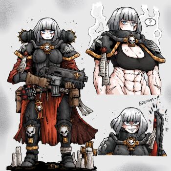 1girl ? adepta_sororitas armor blue_eyes bob_cut bolter breasts chainsword cleavage gloves highres large_breasts looking_at_viewer muscular muscular_female octosoup power_armor purity_seal robe skirt skull solo sweat warhammer_40k weapon white_background white_hair