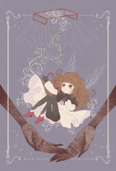 Rule 34 | 1boy, 1girl, absurdres, black capelet, black gloves, black pantyhose, black ribbon, black shorts, blue background, blunt bangs, border, brown hair, capelet, child, commentary, deemo, deemo (character), disembodied hand, drawn wings, dress, eleanor (ohmyeleanor), english commentary, falling, frilled dress, frills, girl (deemo), gloves, hand on own chest, hand up, highres, light blush, long hair, neck ribbon, out of frame, pantyhose, parted lips, plant, red footwear, ribbon, shorts, sidelocks, solo focus, sparkle, tears, vines, white border, white dress
