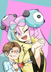 Rule 34 | 1boy, 1girl, ;d, arrow through heart, bow-shaped hair, brown hair, character hair ornament, clenched teeth, clutching chest, collared shirt, commentary request, creatures (company), game freak, gami himatubusi, green eyes, green hair, hair ornament, hands up, iono (pokemon), jacket, multicolored hair, necktie, nintendo, one eye closed, open mouth, orange necktie, own hands together, pink eyes, pink hair, pokemon, pokemon sv, shirt, short hair, smile, sweatdrop, teeth, two-tone hair, upper teeth only, yellow jacket