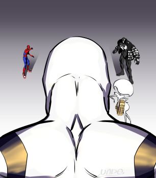 3boys animal_print anti-venom best_shortcut cloak highres hollow_knight hollow_knight:_silksong horned_mask hornet_(hollow_knight) jacket knight_(hollow_knight) lace_(hollow_knight) marvel mask monster_boy multiple_boys muscular muscular_male red_cloak sharp_teeth spider-man spider-man_(series) spider_print superhero_costume symbiote teeth venom_(marvel) watch