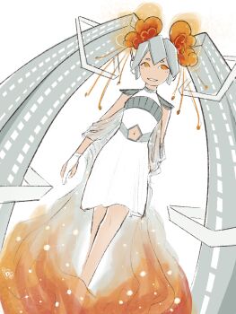 Rule 34 | 1girl, 9/11, bandaged hand, bandages, beesqo, clothing cutout, commentary, dress, english commentary, grey dress, grey hair, hatsune miku, headphones, highres, long hair, navel cutout, orange eyes, simple background, sleeveless, sleeveless dress, solo, sparkle, twintails, very long hair, vocaloid, white background, white dress, world trade center