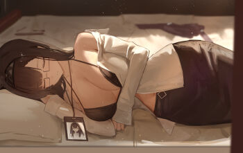 1girl absurdres arknights bed black_bra black_hair black_skirt bra breasts ciexbiet commentary_request glasses highres id_photo large_breasts long_hair lying on_bed on_side open_clothes open_shirt pencil_skirt priestess_(arknights) shirt skirt sleeping solo underwear very_long_hair white_shirt