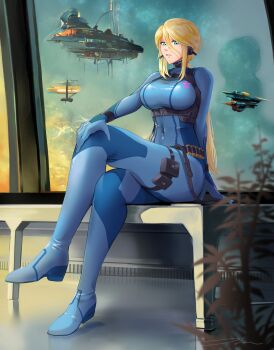1girl absurdres breasts crossed_legs highres jin_(funaki_gen) large_breasts metroid nintendo samus_aran spaceship thigh_strap zero_suit