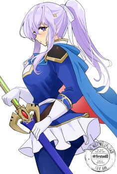 1girl alternate_costume alternate_hairstyle armor ass blue_cape breasts cape circlet cosplay fire_emblem fire_emblem:_genealogy_of_the_holy_war highres holding holding_sword holding_weapon julia_(fire_emblem) large_breasts looking_at_viewer nintendo ponytail purple_eyes purple_hair seliph_(fire_emblem) seliph_(fire_emblem)_(cosplay) simple_background skirt solo sword tyrfing_(fire_emblem) weapon yukia_(firstaid0)