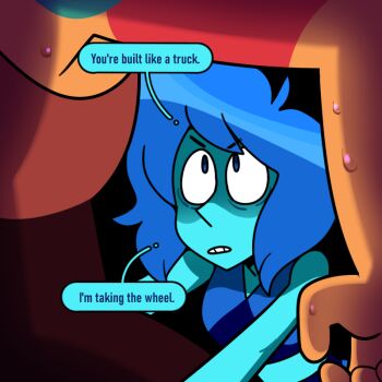 2girls breasts colored_skin discount-supervillain flirting gem_(steven_universe) homeworld_gem_uniform jasper_(post-corruption)_(steven_universe) jasper_(species)_(steven_universe) jasper_(steven_universe) lapis_lazuli_(steven_universe) multiple_girls orange_skin steven_universe striped_skin sweat yuri