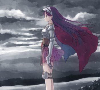 1girl armor belt black_belt black_gloves boobplate breastplate cape closed_mouth commentary_request dated_commentary expressionless feet_out_of_frame from_side gauntlets gloves grey_sky long_hair looking_afar lord_knight_(ragnarok_online) miniskirt outdoors overcast pauldrons pink_skirt poleyn profile purple_eyes purple_hair ragnarok_online red_cape shoulder_armor skirt sky solo standing very_long_hair visor_(armor) wind yakka