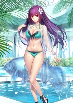 1girl animal aqua_bikini arm_at_side bikini black_sandals bracelet breasts cleavage closed_mouth collarbone criss-cross_halter fate/grand_order fate_(series) fingernails fish floating_hair flower flower_request foot_out_of_frame front-tie_bikini_top front-tie_top game_cg gluteal_fold hair_between_eyes hair_flower hair_intakes hair_ornament halterneck hand_up jewelry koyama_hirokazu large_breasts legs long_hair long_sleeves looking_at_viewer multi-strapped_bikini_bottom navel official_art pink_nails pool pool_ladder poolside purple_hair red_eyes sandals scathach_(fate) scathach_skadi_(fate) scathach_skadi_(swimsuit_ruler)_(final_ascension)_(fate) sidelocks smile solo standing swimsuit swimsuit_cover-up third-party_source variant_set white_flower wide_sleeves