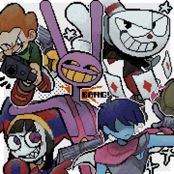 1girl 1other 3boys 9aaaalt29 :d ace_(playing_card) ace_of_diamonds ankle_boots armor bare_arms bare_shoulders bendy_straw black_eyes black_hair black_shirt blue_eyes blue_hair blue_hat blue_shirt blue_skin blunt_bangs boots border brown_boots buttons card closed_mouth collarbone colored_sclera colored_skin colored_teeth commentary crossover cup cuphead cuphead_(game) deltarune diamond_(shape) drinking_straw full_body furry furry_male gloves green_shirt grey_armor grey_background grey_gloves grid_teeth grin gun hair_behind_ear handgun hat heart highres holding holding_gun holding_weapon index_finger_raised jax_(the_amazing_digital_circus) jester kris_(dark_world)_(deltarune) kris_(deltarune) long_hair long_sleeves looking_at_viewer multicolored_eyes multiple_boys multiple_crossover no_eyes object_head open_mouth orange_hair outline outside_border overalls pico_(newgrounds) pico_(newgrounds_series) pink_overalls pink_scarf playing_card pointing pointing_at_viewer polka_dot polka_dot_background pomni_(the_amazing_digital_circus) purple_skin rabbit_boy red_eyes red_gloves red_hat red_nose red_shirt red_shoes red_shorts revolver scarf shaded_face sharp_teeth shirt shoes short_hair shorts shoulder_armor sideways_glance simple_background smile sparkle striped_clothes striped_hat striped_headwear striped_shirt symbol-only_commentary teeth the_amazing_digital_circus trait_connection two-tone_eyes two-tone_hat two-tone_shirt upper_body utdr_(toby_fox) v-shaped_eyebrows vertical-striped_clothes vertical-striped_headwear vertical-striped_shirt weapon white_border white_eyes white_gloves white_outline white_skin yellow_sclera yellow_teeth