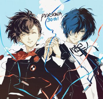 1boy 1girl anniversary black_ribbon black_shirt blue_eyes blue_hair blue_sky bow bowtie buttons closed_eyes collared_shirt colored_eyelashes commentary copyright_name day earphones_removed eyelashes floating_hair gekkoukan_high_school_uniform hair_over_one_eye headphones highres holding_hands jing_zhi_kaoxiang_yu_re_zhong lanyard looking_at_another mp3_player neck_ribbon parted_bangs persona persona_3 popped_collar red_bow red_bowtie ribbon school_uniform shiomi_kotone shirt short_hair side_part sky smile streamers symbol-only_commentary upper_body white_shirt yuuki_makoto_(persona_3)