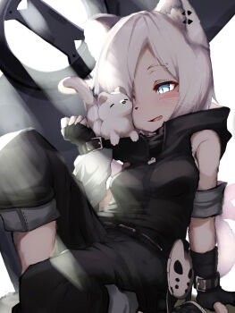 1girl absurdres animal animal_ear_fluff animal_ears animal_nose arknights arm_support bad_id bad_pixiv_id black_shirt blouse blue_eyes blush ermine fingerless_gloves furrification furry furry_female gloves highres mask mink shirayuki_(arknights) shirt short_hair shuriken sitting sleeveless sleeveless_shirt slit_pupils solo sunlight tab_head tail unworn_mask weapon weasel weasel_ears weasel_tail whiskers white_background white_hair