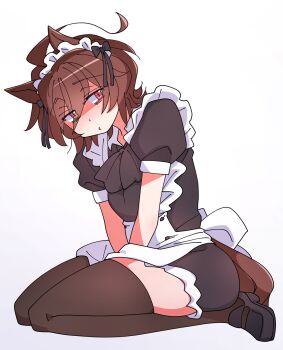 1girl agnes_tachyon_(umamusume) ahoge alternate_costume animal_ears apron black_bow black_romper black_thighhighs bow brown_hair closed_mouth hair_between_eyes highres horse_ears horse_girl horse_tail kaijin_debeso looking_at_viewer maid maid_apron maid_headdress medium_hair puffy_short_sleeves puffy_sleeves red_eyes romper seiza short_sleeves simple_background sitting solo tail thighhighs thighs umamusume white_apron white_background white_headdress