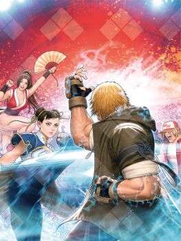 2boys 2girls bare_legs biceps black_hair blocking blonde_hair capcom cheering chinese_clothes chun-li commentary crossover crowd electricity english_commentary evo_moment_#37 evolution_championship_series fatal_fury fatal_fury:_city_of_the_wolves fighting fighting_stance fingerless_gloves gloves hair_ribbon hand_fan hat high_kick hood hooded_jacket jacket ken_masters kicking mori_toshiaki multiple_boys multiple_girls official_art padded_gloves promotional_art ribbon scene_reference shiranui_mai street_fighter street_fighter_6 terry_bogard thighs yellow_ribbon