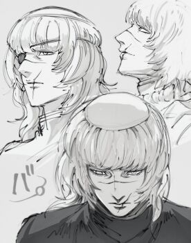 Rule 34 | 1boy, absurdres, badeni, chi.: chikyuu no undou ni tsuite, closed mouth, commentary request, greyscale, grntr 260106, highres, male focus, medium hair, monochrome, multiple views, scar, scar on face, scar on lip, scar on mouth, scar on nose, simple background, tabard, tonsure, white background