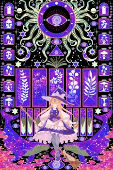 1girl absurdres black_dress blonde_hair boku_(isizakitakasi) braid commentary_request constellation dress gem_(symbol) grey_nails hat hexagram highres kirisame_marisa long_hair long_sleeves looking_at_viewer moon_phases mushroom planetary_ring puffy_long_sleeves puffy_sleeves purple_theme side_braid smile solo standing star_(symbol) tentacles touhou whale wide_shot witch_hat yellow_eyes