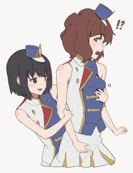 Rule 34 | 2girls, black hair, blush, brown eyes, brown hair, hat, hibike! euphonium, highres, hisaishi kanade, lie lack1080, marching band, medium hair, multiple girls, open mouth, oumae kumiko, pleated skirt, red eyes, shirt, short hair, skirt