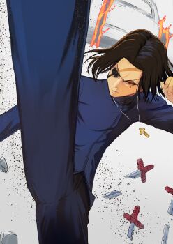 1boy black_hair black_keys_(type-moon) black_pants blue_shirt broken broken_sword broken_weapon car commentary_request cross cross_necklace eyepatch fate/strange_fake fate_(series) grimace hansa_cervantes high_kick highres inugami86 jewelry kicking long_sleeves male_focus mole mole_under_eye motor_vehicle necklace pants red_eyes shirt short_hair solo sword weapon