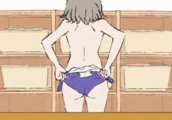 1girl 1other animated ass blue_one-piece_swimsuit clothes_pull commentary convenient_censoring go6jovoahdc8h7k grey_hair love_live! love_live!_sunshine!! medium_hair naked_towel nude one-piece_swimsuit one-piece_swimsuit_pull scene_reference shampoo_bottle solo_focus standing swimsuit symbol-only_commentary towel undressing video walking watanabe_you