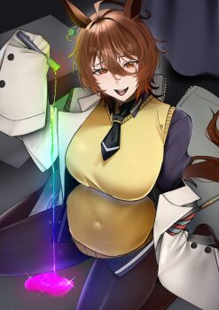 1girl absurdres agnes_tachyon_(tach-nology)_(umamusume) agnes_tachyon_(umamusume) ahoge alternate_breast_size_(larger) black_necktie black_pantyhose black_shirt breasts brown_hair collared_shirt covered_navel hair_between_eyes highres holding holding_vial horse_girl horse_tail huge_breasts jitome_no_tsugumi lab_coat looking_at_viewer necktie no_pants no_shoes open_mouth pantyhose red_eyes shirt short_hair sitting sleeves_past_fingers sleeves_past_wrists solo sweater tail umamusume vial wariza yellow_sweater