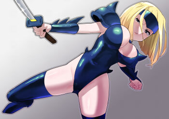 1girl armor blonde_hair blue_armor blue_leotard blue_thighhighs boots breasts capcom cleavage groin highres holding holding_sword holding_weapon katana large_breasts leotard lips long_hair looking_at_viewer mizuki_(punisher) simple_background solo spikes sword the_punisher_(1993_game) thigh_boots thighhighs toku_sonchou weapon