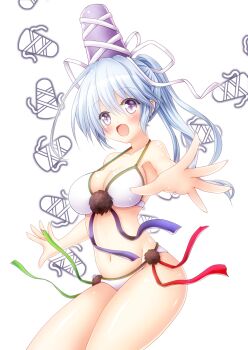 1girl alternate_costume bikini blush grey_hair hat highres long_hair mononobe_no_futo navel open_mouth osashin_(osada) pom_pom_(clothes) ponytail purple_eyes sidelocks smile solo swimsuit tate_eboshi touhou