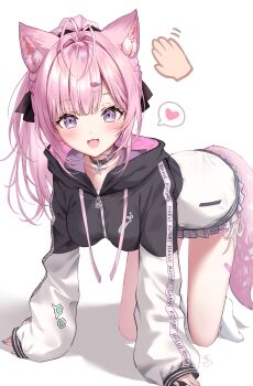 1girl :3 absurdres all_fours animal_ear_fluff animal_ears antenna_hair bandaid bandaid_on_thigh belt black_belt black_collar black_hoodie black_ribbon blush braid breasts character_name collar collarbone disembodied_hand fang fingernails hair_ornament hair_ribbon hairclip hakui_koyori hakui_koyori_(school_uniform) heart heart_hair_ornament high_ponytail highres hololive hood hoodie large_breasts long_hair long_sleeves looking_at_viewer nail_polish neru5 official_alternate_costume open_mouth paw_ornament pink_eyes pink_hair pink_hoodie pink_nails pink_sailor_collar pink_skirt pleated_skirt ponytail ribbon sailor_collar signature simple_background skirt sleeves_past_wrists smile socks solo_focus spoken_heart star_ornament tail thighs virtual_youtuber white_background white_hoodie white_socks wing_collar wolf_ears wolf_girl wolf_tail zipper