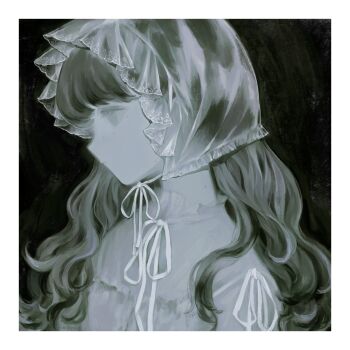 1girl amamanoban blunt_bangs border closed_mouth expressionless eyelashes highres long_hair mole mole_under_eye monochrome original profile ribbon simple_background solo square upper_body