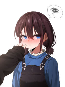 2girls absurdres aijotooko black_overalls black_sweater blue_eyes blue_sweater blush brown_hair cheek_pull closed_mouth commentary earrings girls_band_cry hair_between_eyes highres iseri_nina jewelry kawaragi_momoka low_twintails multiple_girls overalls short_hair short_twintails simple_background sleeves_past_wrists spoken_squiggle squiggle stud_earrings sweater twintails white_background