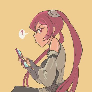 bare_shoulders cellphone cordelia_(fire_emblem) davewaterfalls fingerless_gloves fire_emblem fire_emblem_awakening gloves looking_at_viewer nintendo phone puckered_lips red_eyes red_hair severa_(fire_emblem) simple_background speech_bubble twintails