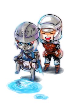 2boys armor black_pants black_shirt blue_eyes blue_tunic brown_vest chainmail chibi chibi_only closed_eyes commentary_request creighton_of_mirrah dark_souls_(series) dark_souls_ii full_body male_focus mask masked mild_mannered_pate multiple_boys open_mouth pants pauldrons puddle shirt shoulder_armor simple_background smile standing suou_yuuchi tunic tunic_lift vest white_background white_pants