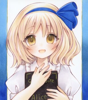 1girl aged_down alice_margatroid alice_margatroid_(pc-98) blonde_hair blue_hairband blush book child closed_mouth collared_shirt commentary_request frilled_shirt_collar frills grimoire grimoire_of_alice hairband highres holding holding_book looking_at_viewer marker_(medium) open_mouth shirt smile solo touhou touhou_(pc-98) traditional_media white_shirt yellow_eyes yuuki_hana_(jtnp5334)