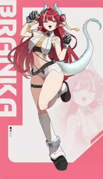 1girl absurdres bare_shoulders belt black_gloves black_panties black_shirt black_shoes blue_eyes breasts claw_ring collared_shirt crop_top double_bun dragon_horns dragon_tail exposed_pocket full_body gloves hair_bun highleg highleg_panties highres horns large_breasts leg_up long_hair looking_at_viewer loose_belt loose_socks micro_shorts midriff multicolored_hair navel open_fly open_mouth original panties pointy_ears pyogo red_hair shirt shoes shorts smile socks solo stomach streaked_hair string_panties tail thigh_strap thighs tongue tongue_out two-tone_shirt underwear very_long_hair white_shirt white_shorts white_socks