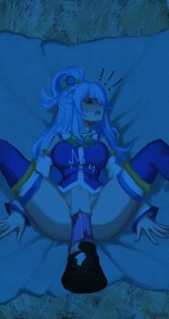 1boy 1girl ? ?? animal_penis aqua_(konosuba) bestiality blue_eyes blue_hair blue_thighhighs bow bowtie breasts condom condom_on_penis deep_penetration detached_sleeves disembodied_penis feet_out_of_frame from_above gold_trim hair_ornament hair_rings hetero highres horse_penis huge_penis indoors kono_subarashii_sekai_ni_shukufuku_wo! large_insertion large_variant_set long_hair long_sleeves lying medium_breasts myrneko navel on_back open_mouth penis pussy saliva shadow signature sketch spread_legs stomach_bulge surprised thighhighs thighs uncensored vaginal variant_set very_long_hair yellow_bow yellow_bowtie
