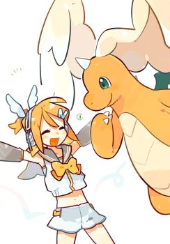 1girl ^_^ bare_shoulders blonde_hair blush bow bowtie closed_eyes crossover detached_sleeves dragon dragonite gen_1_pokemon grey_sailor_collar grey_shorts grey_sleeves hair_bow hair_ornament hairclip happy headphones highres kagamine_rin kagamine_rin_(nt) mega_dragonite mega_pokemon midriff momo19715684 navel nintendo open_mouth outstretched_arms piapro_studio pokemon pokemon_(creature) sailor_collar shirt short_hair short_shorts shorts simple_background sleeveless sleeveless_shirt smile swept_bangs vocaloid white_background white_bow white_shirt white_shorts wings