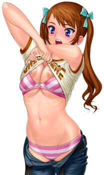 Rule 34 | 1girl, blue eyes, bra, breasts, brown hair, commentary request, denim, groin, highres, jeans, large breasts, lingerie, long hair, nipple slip, nipples, original, panties, pants, photoshop (medium), pink bra, pink panties, red-p, solo, striped bra, striped clothes, striped panties, twintails, underwear, undressing