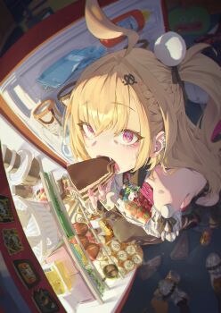 1girl absurdres ahoge bare_shoulders belle_(zenless_zone_zero) black_thighhighs blonde_hair cake cake_slice caught cissia_(zenless_zone_zero) commentary_request detached_sleeves eating fangs fisheye food food_in_mouth foreshortening from_above highres holding holding_food jhigf korean_commentary long_hair looking_at_viewer open_mouth open_refrigerator pink_eyes pink_nails refrigerator second-party_source snake snake_tail solo_focus squatting sweatdrop tail thighhighs white_sleeves white_snake zenless_zone_zero