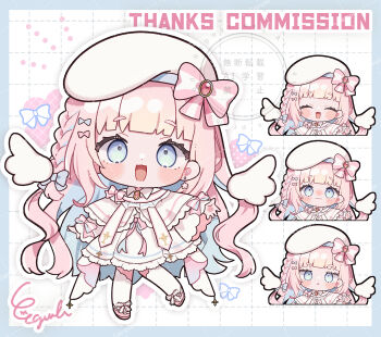 1girl :3 :d ^_^ blue_border blue_eyes blunt_bangs blush_stickers border bow chibi chibi_only closed_eyes closed_mouth commentary commission dress egissi full_body hat hat_bow highres indie_virtual_youtuber long_hair long_sleeves looking_at_viewer multiple_views open_mouth outside_border pink_bow pink_hair pink_shoes sample_watermark shoes signature skeb_commission sleeve_bow smile standing standing_on_one_leg striped_bow takanashi_nanase_(vtuber) thick_eyebrows thighhighs very_long_hair virtual_youtuber watermark watermark_grid white_background white_dress white_hat white_thighhighs wide_sleeves