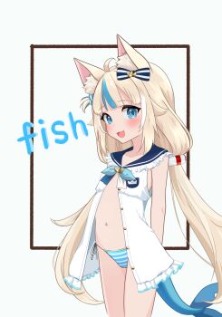 1girl ahoge animal_ear_fluff animal_ears arms_behind_back bikini bikini_under_clothes blonde_hair blue_eyes blue_streaks blush cat_ears dress fins fish_tail fujimaroni highres indie_virtual_youtuber lifebuoy_hair_ornament loli long_hair low_twintails multicolored_hair navel one_side_up open_clothes open_dress open_mouth sameko_saba side-tie_bikini_bottom sleeveless sleeveless_dress smile solo stomach streaked_hair striped_bikini striped_clothes swimsuit tail thighs twintails very_long_hair virtual_youtuber white_dress