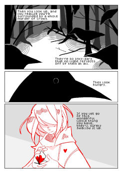 1other bird black_feathers bug butterfly butterfly_on_hand crow deltarune feathers greyscale highres insect looking_down monochrome nervous on_branch peachdelta soul_(deltarune) spot_color sweatdrop tree utdr_(toby_fox) wavy_mouth