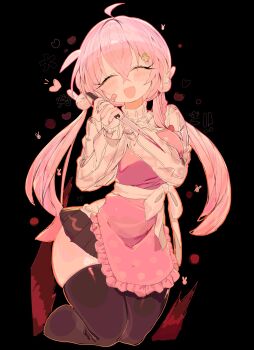 1girl :d ahoge apron bandaid bandaid_on_cheek bandaid_on_face black_background black_skirt black_thighhighs blood bloody_knife blush closed_eyes commentary commission cropped_legs crossed_bangs english_commentary facing_viewer hair_between_eyes hair_ornament heart highres holding holding_knife knife long_sleeves miniskirt open_mouth original own_hands_together pink_apron pink_blood skirt smile solo sweater thighhighs usa37107692 white_sweater